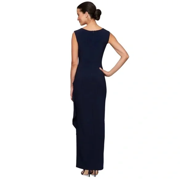 Alex Evenings/women’s NWT Embroidered Illusion-Yoke Navy and Cream Lace Gown - Picture 3 of 11
